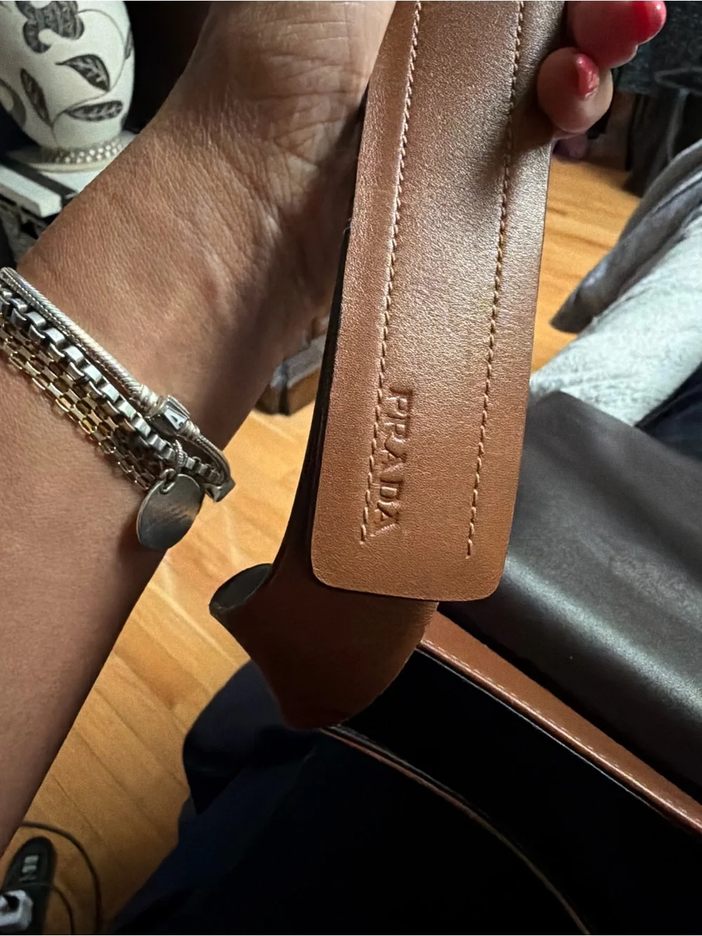 PRADA Tan Leather Messenger Bag with Wide Shoulder Strap